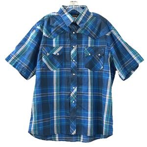 Rustler by Wrangler Men's Western Shirt XL Blue Plaid‎ Short Sleeve Pearl Snaps